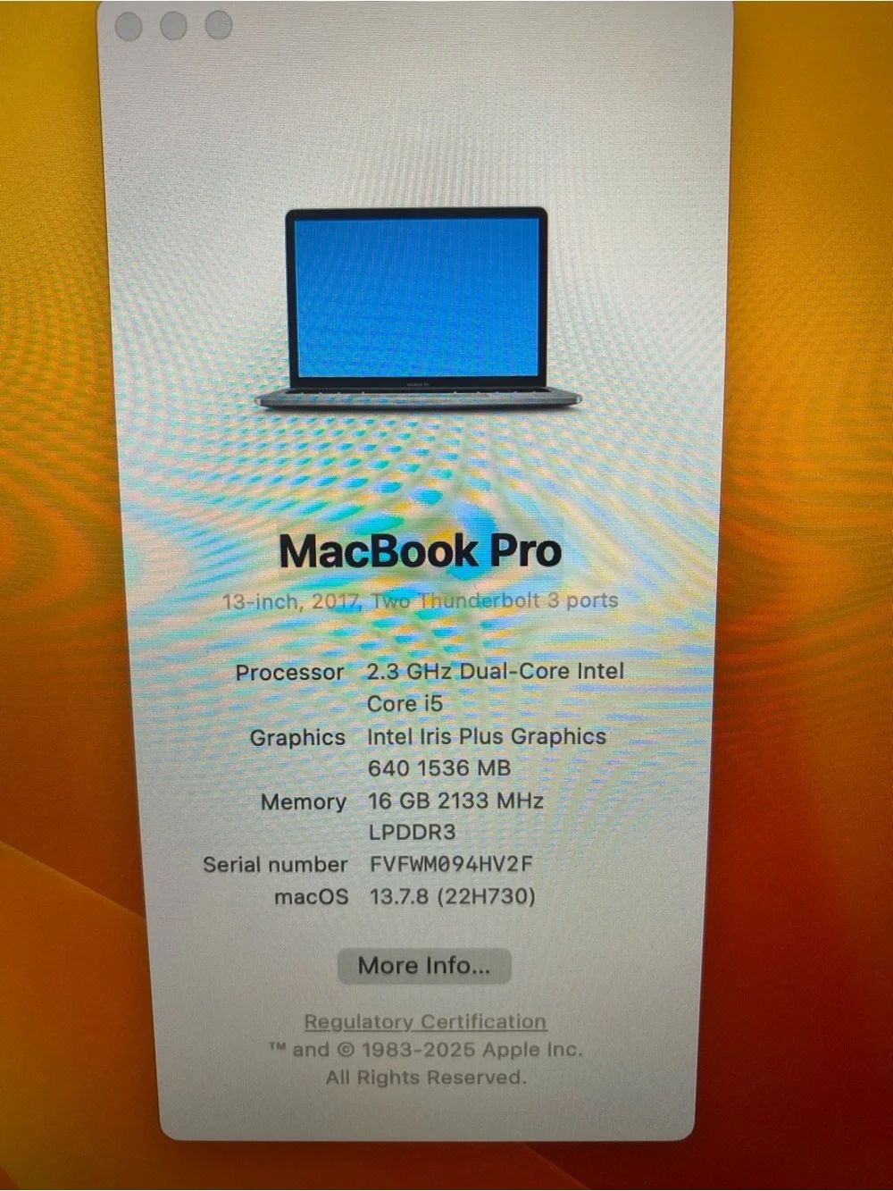 Apple MacBook Pro 2017 16 GB RAM 256 GB SSD Storage